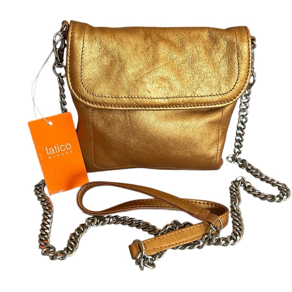 Latico Gold Metallic Leather Crossbody Mini Purse Handbag Chain Strap